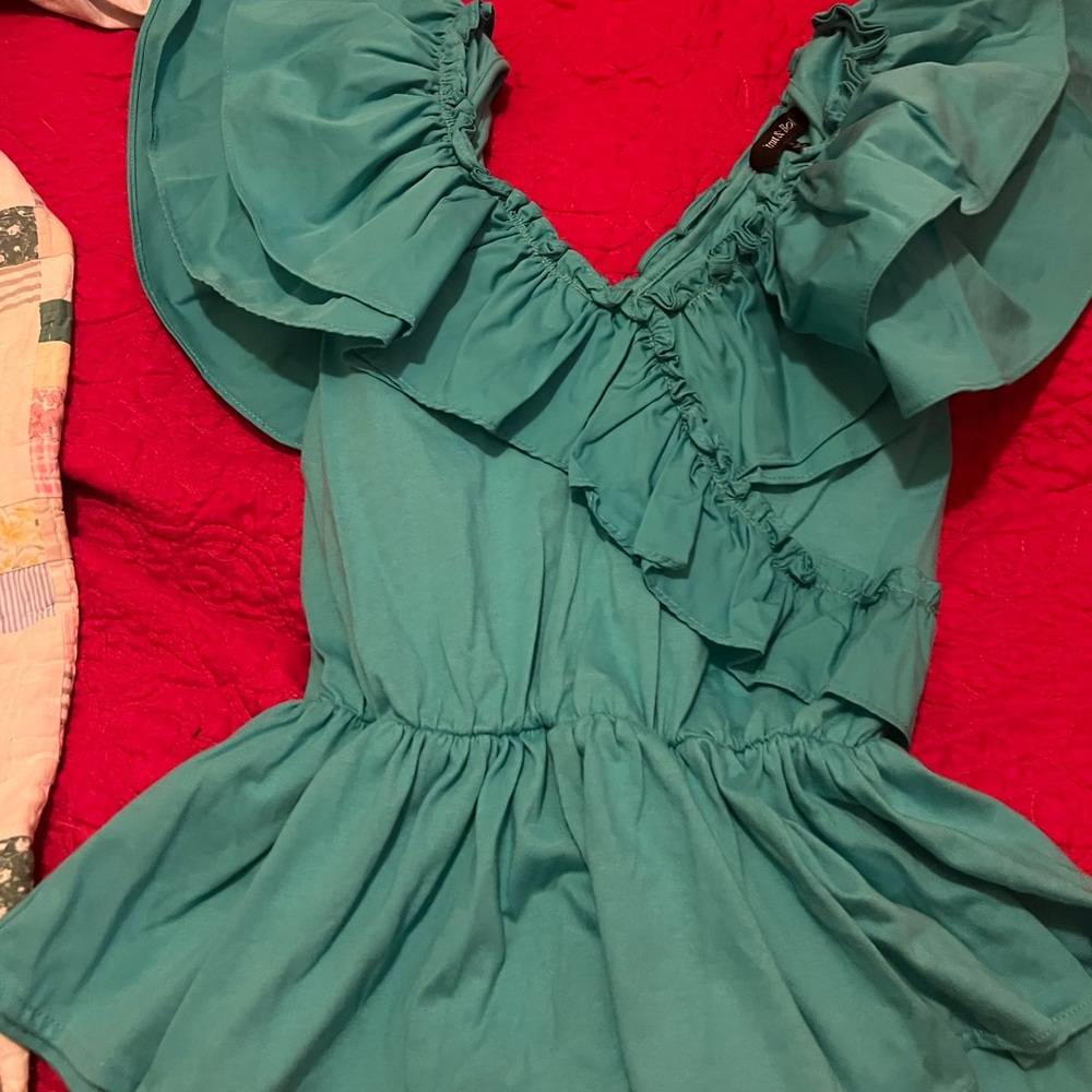 Green Ruffled Puff Sleeve Peplum Blouse